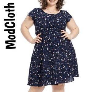 Modcloth Navy Floral Tie Waist Dress